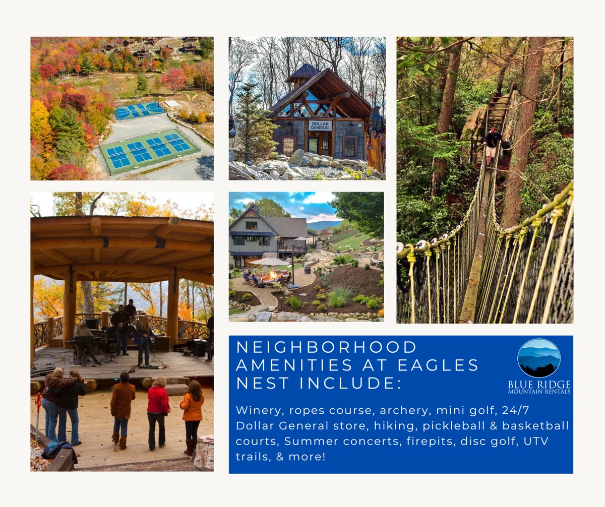 This image captures a lively outdoor concert stage surrounded by luxurious cabins, along with a ropes course and pickleball courts. The scene is bustling with activity, portraying guests enjoying summer concerts, hiking, mini golf, and archery against the backdrop of a vibrant sunset.